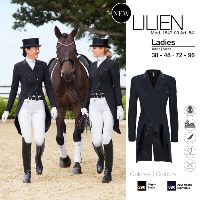 Casaco de senhora para equitação LILIEN preto em anúncio com duas mulheres e cavalo, tamanhos 38-96, cores Preto e Azul Noche