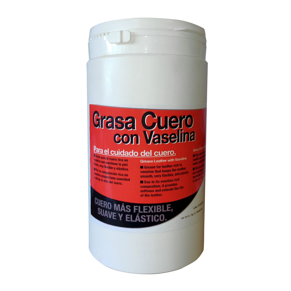 Recipiente branco de plástico com rótulo vermelho e preto de produto para cuidado do couro