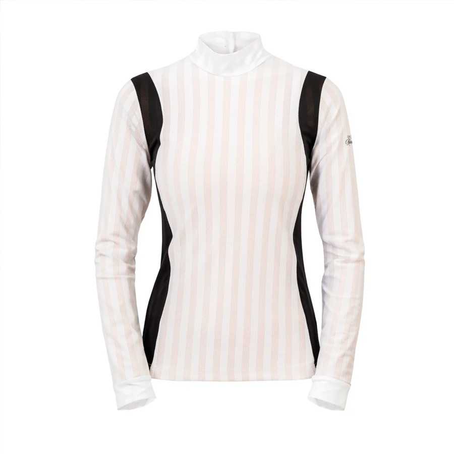 Camisola feminina comprida branca com riscas e detalhes pretos