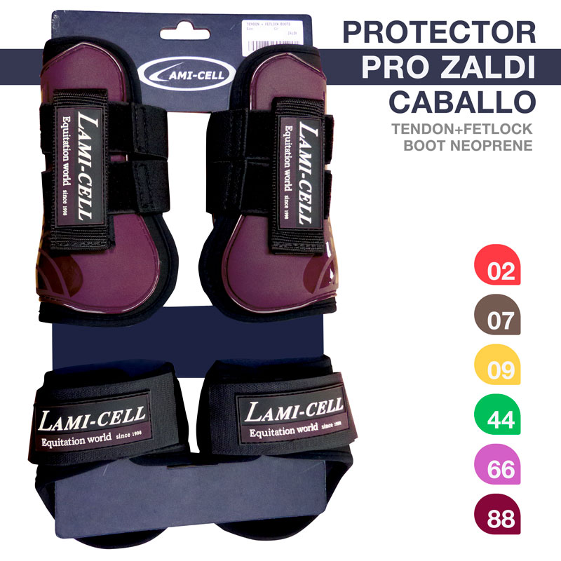 Conjunto de protectores para cavalo Lami-Cell roxos e pretos em embalagem azul escura
