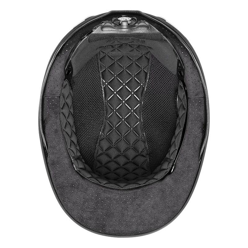 Interior de capacete preto com acolchoamento e fivela metálica