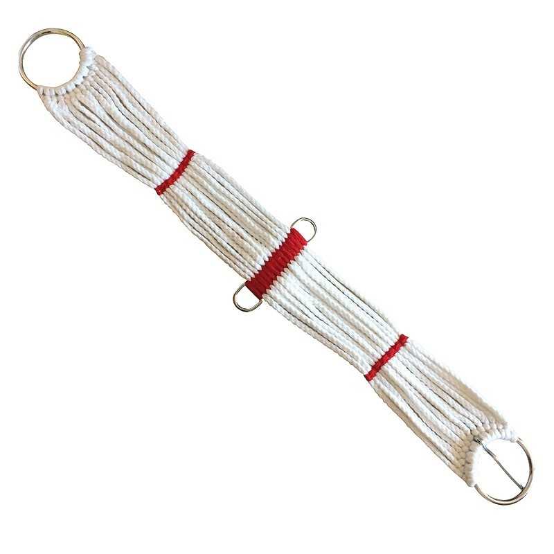 Faixa de cinta de ioga branca com argolas metálicas e detalhes vermelhos