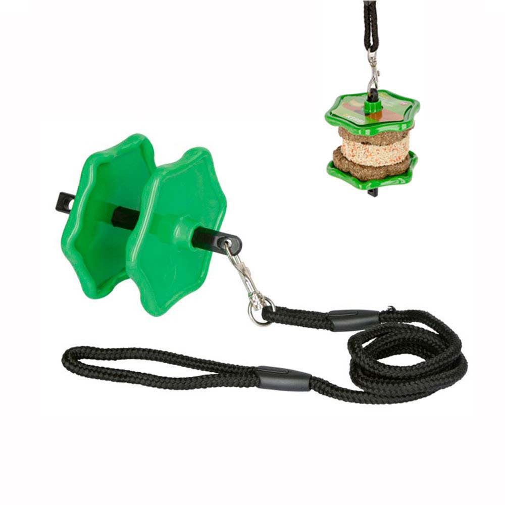 Dispositivo verde com duas tampas plásticas em forma de flor e corda preta