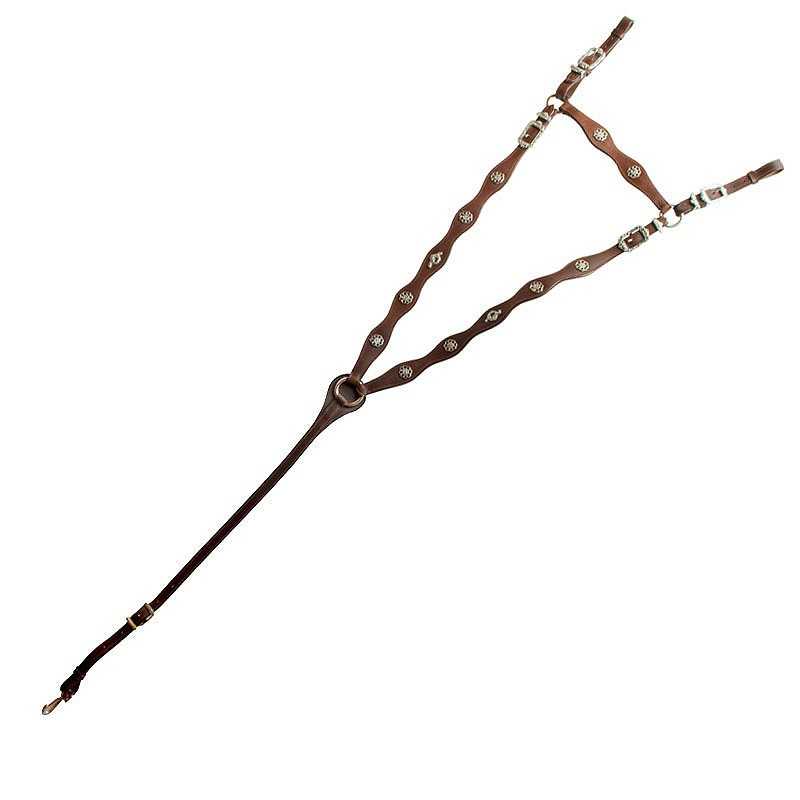 Arnês de couro castanho com fivelas metálicas e decorações