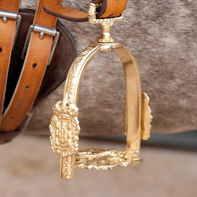 Espirre dourado ornamentado preso a sela de couro castanho em cavalo