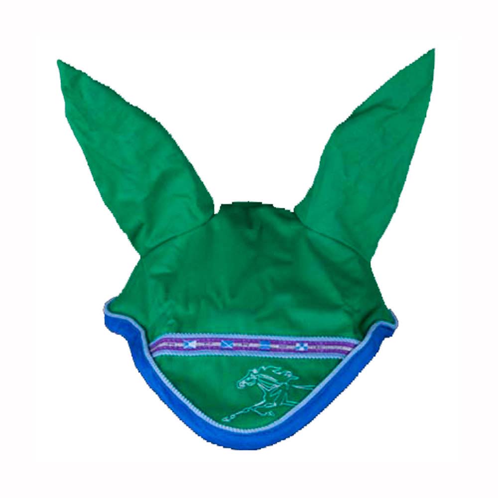 Touca verde para orelhas de cavalo com bordas azuis e detalhes lilás e branco