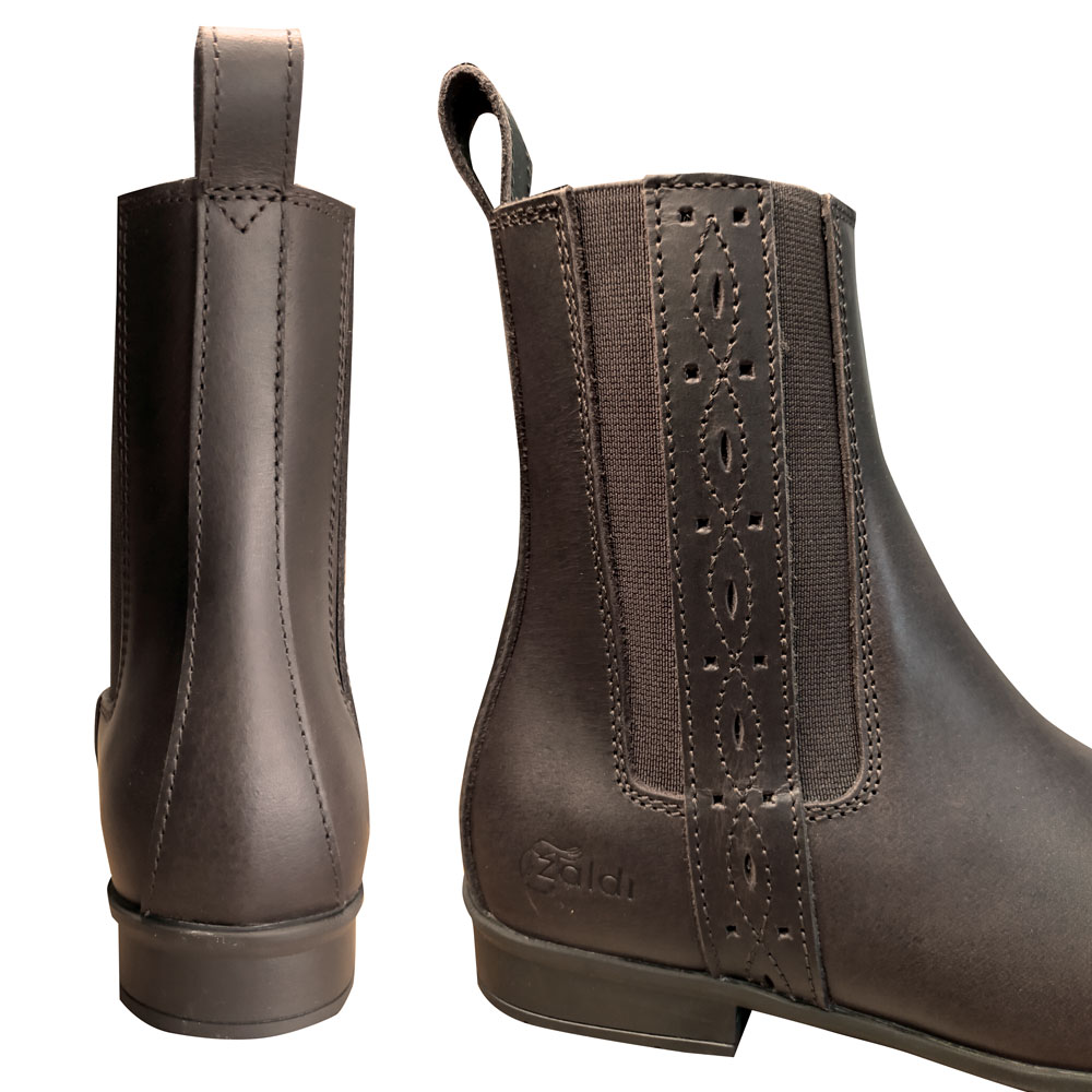 Botas de couro castanho escuro com costura decorativa e logo Zaldi