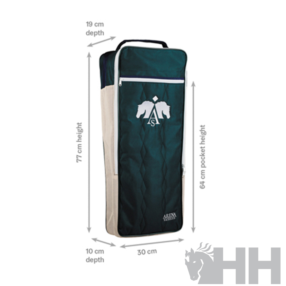 Bolsa verde escuro e bege com bolso frontal branco e logo AS