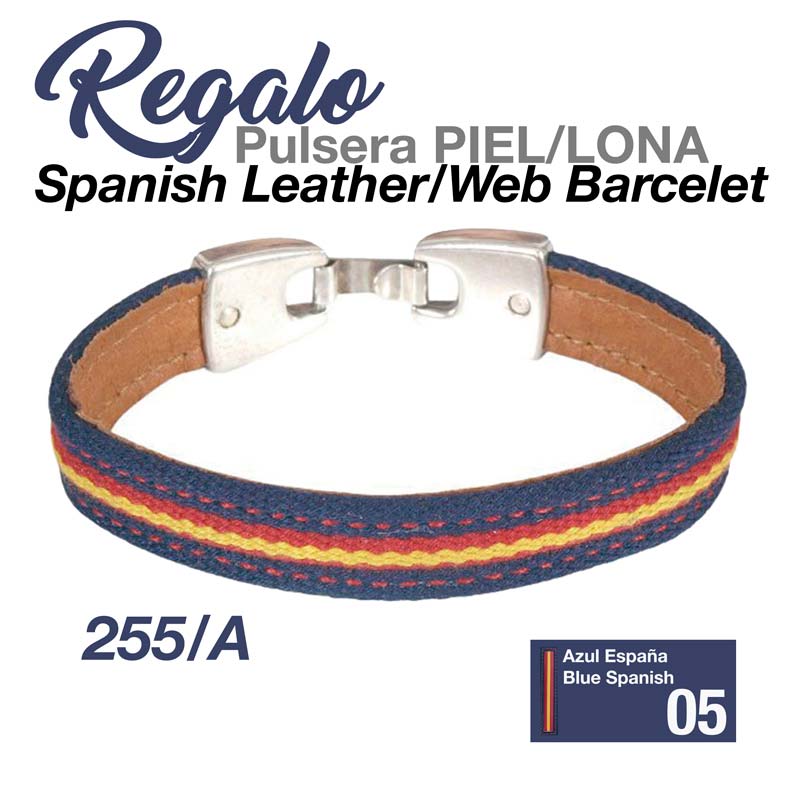 Pulseira de pele e lona azul com riscas vermelha e amarela e fecho metálico prateado