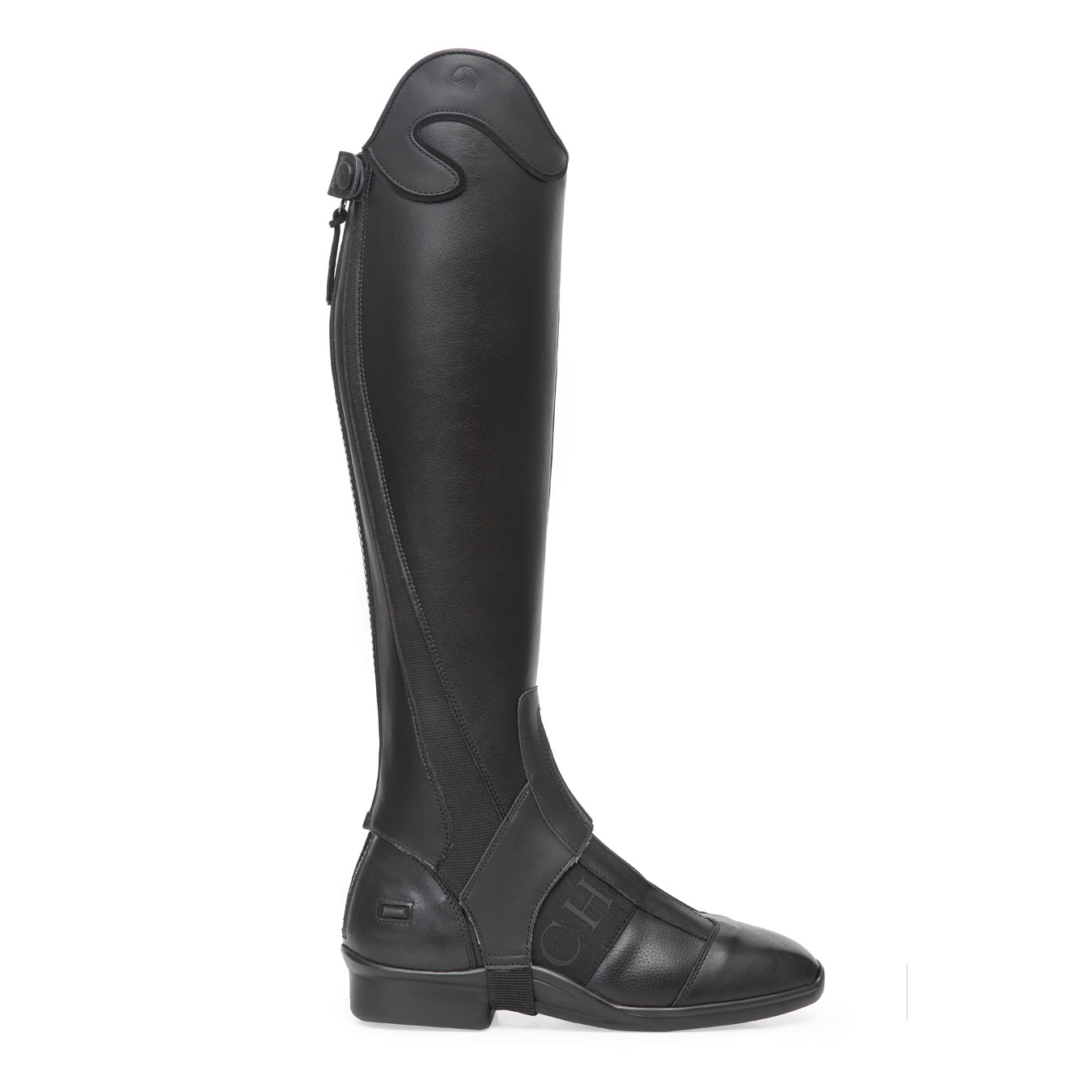 Bota alta preta de couro com elástico e fecho