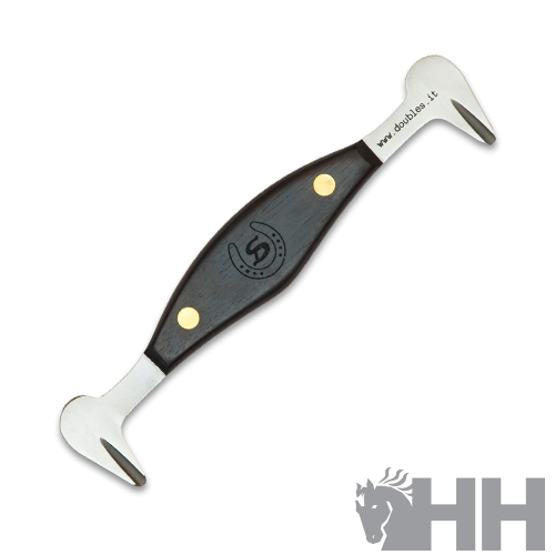 Espátula dupla em aço inoxidável com cabo de madeira escura e rebites metálicos