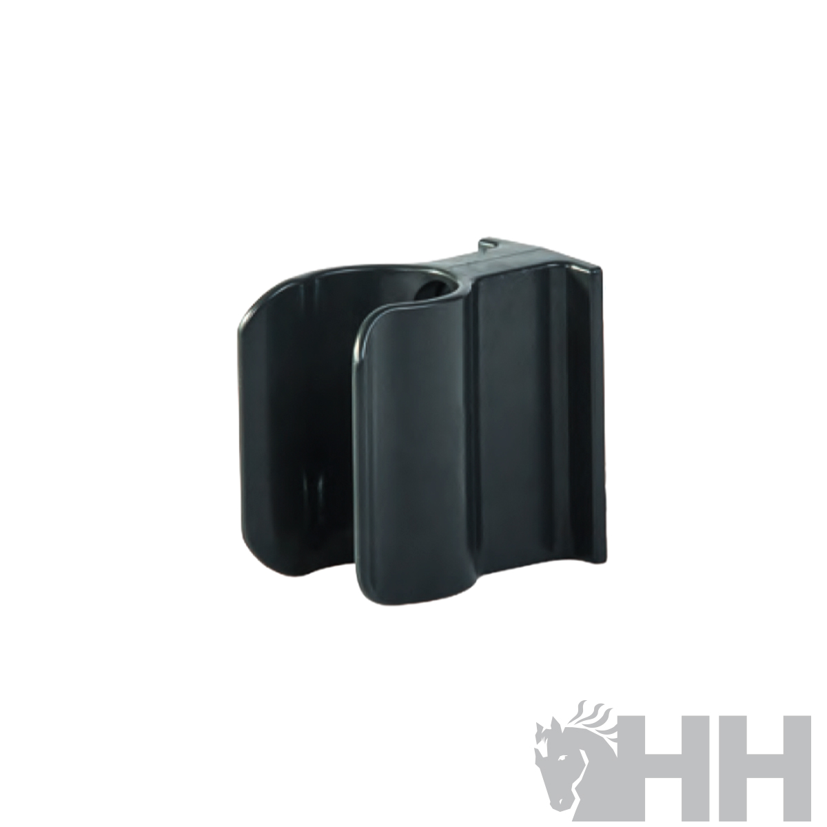 Suporte preto de plástico rígido com fundo branco e logotipo HH