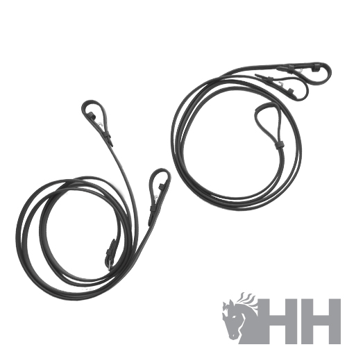 Cabos elásticos pretos com ganchos, fundo branco e logótipo HH com cabeça de cavalo