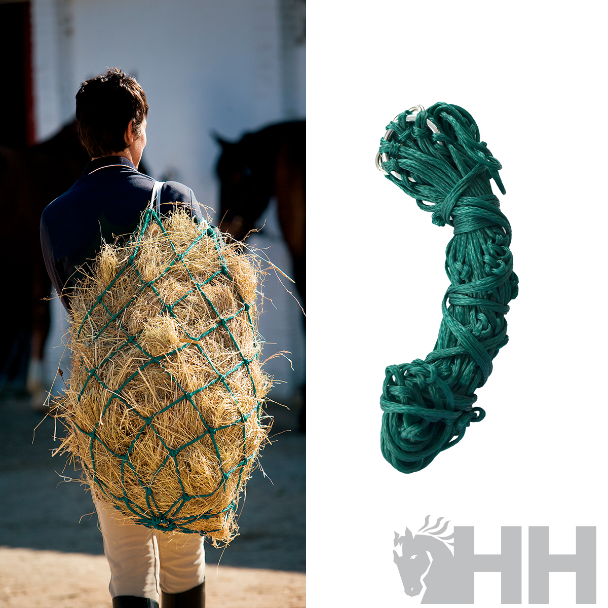 Rede de feno verde para transporte de feno para cavalos