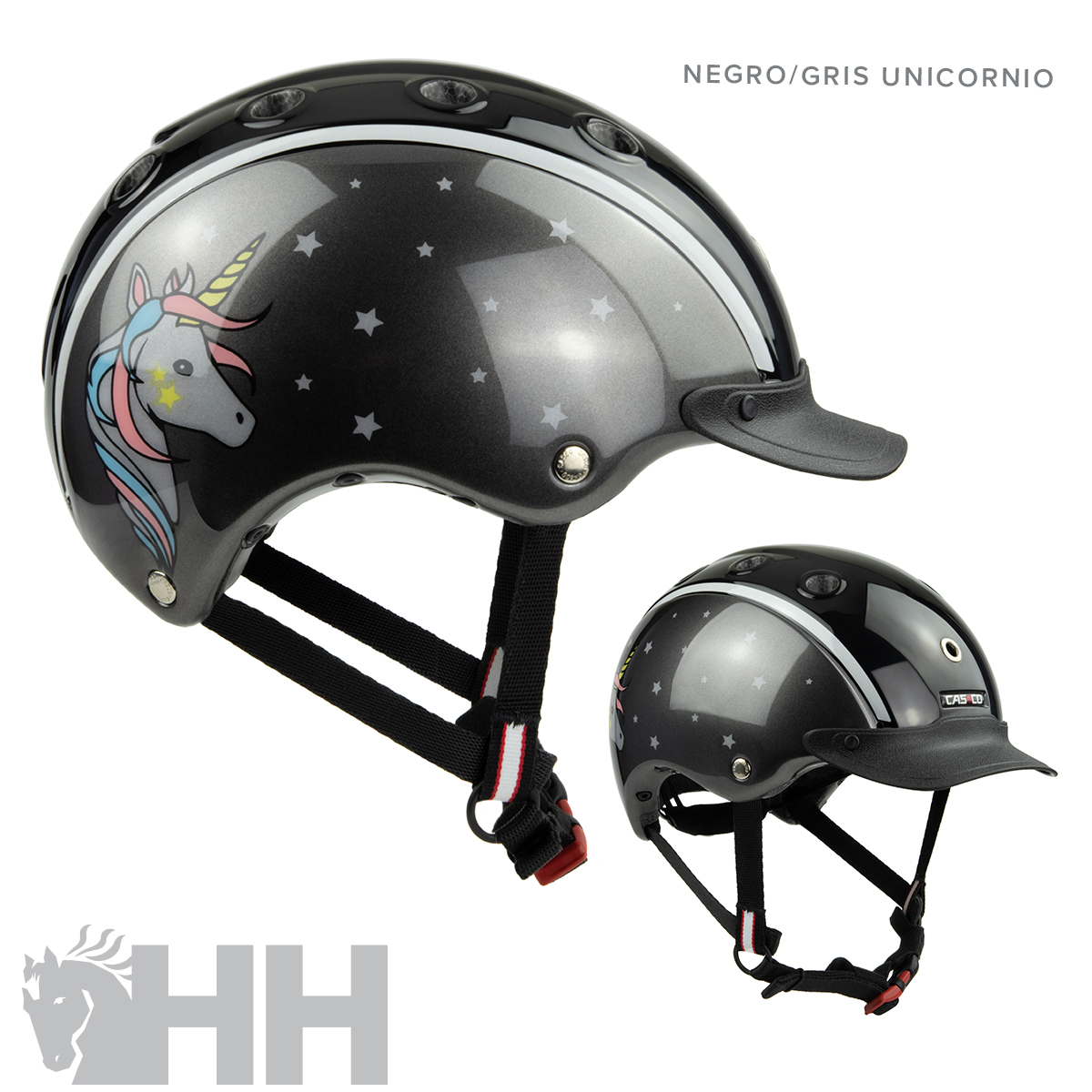 Capacete preto e cinzento com unicórnio colorido e estrelas brancas