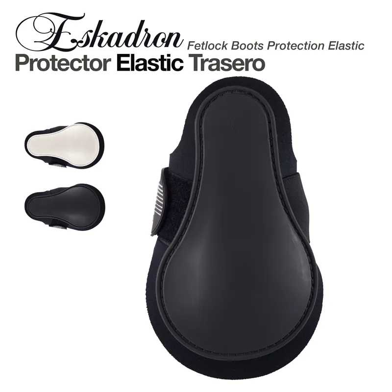 Protector elástico trasero para botas Eskadron Fetlock em preto e bege com tecido elástico.