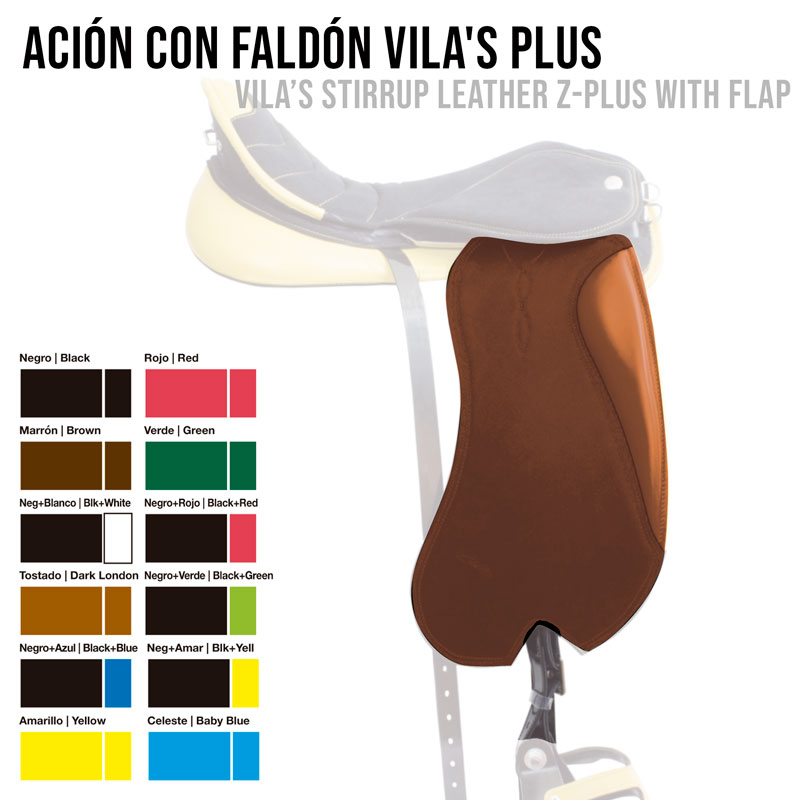 Assento de selim de couro castanho com costura, texto e tabela de cores