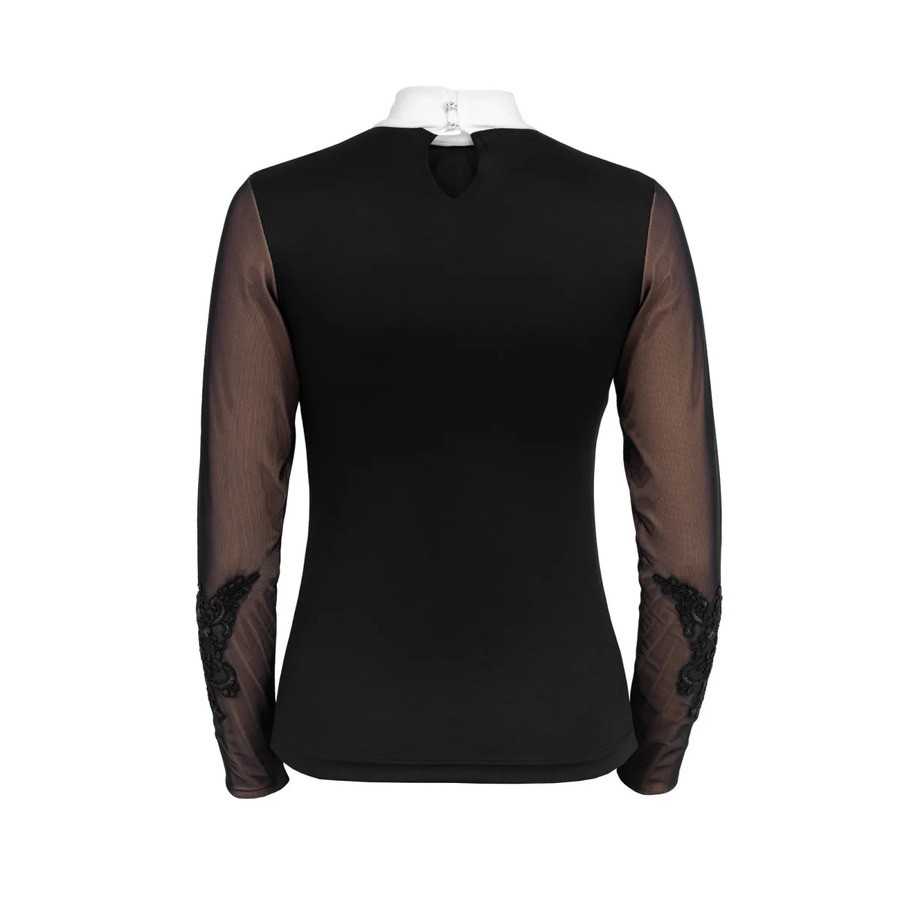 Camisola preta com mangas em tecido transparente e gola branca