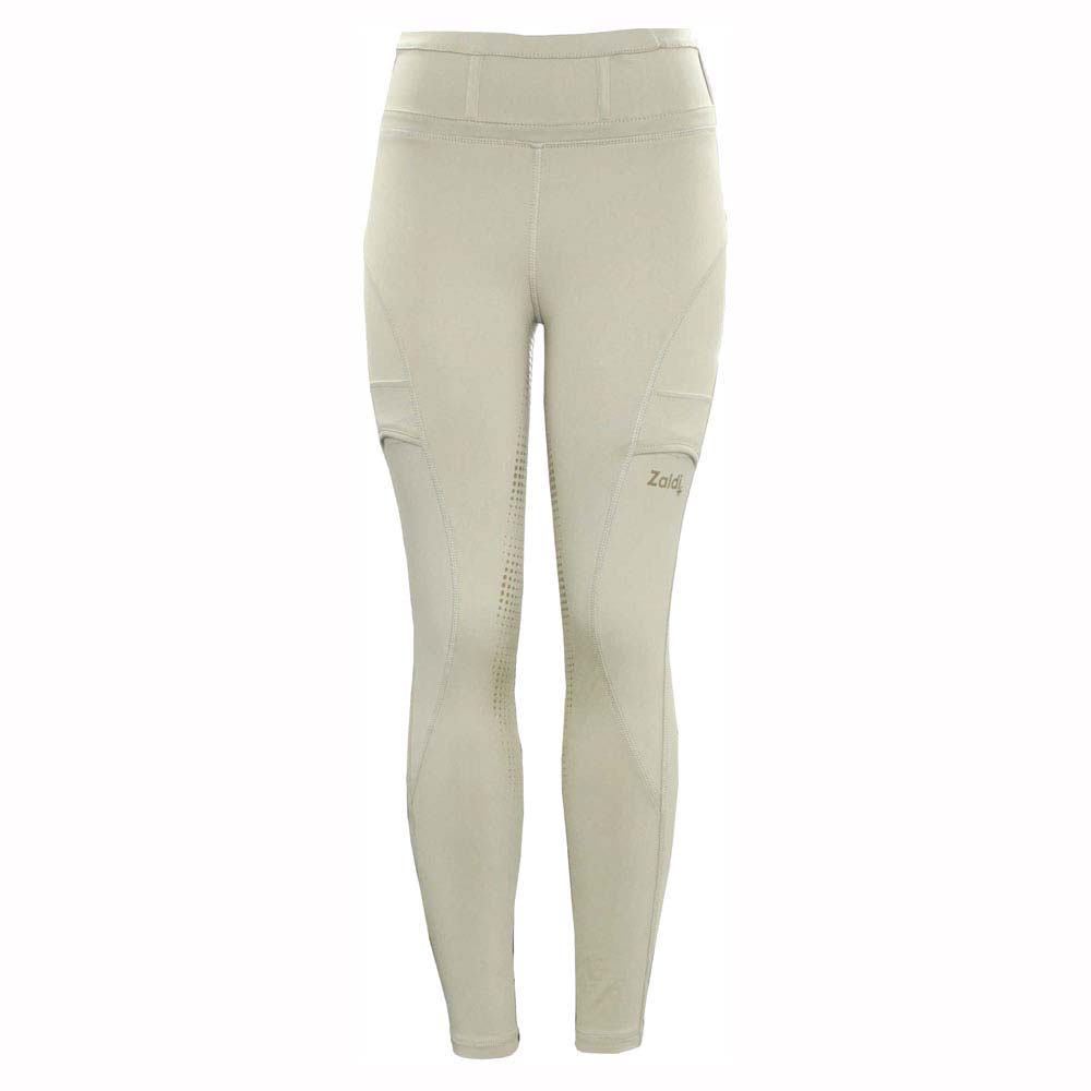 Calças justas bege com bolso lateral e texto Zad