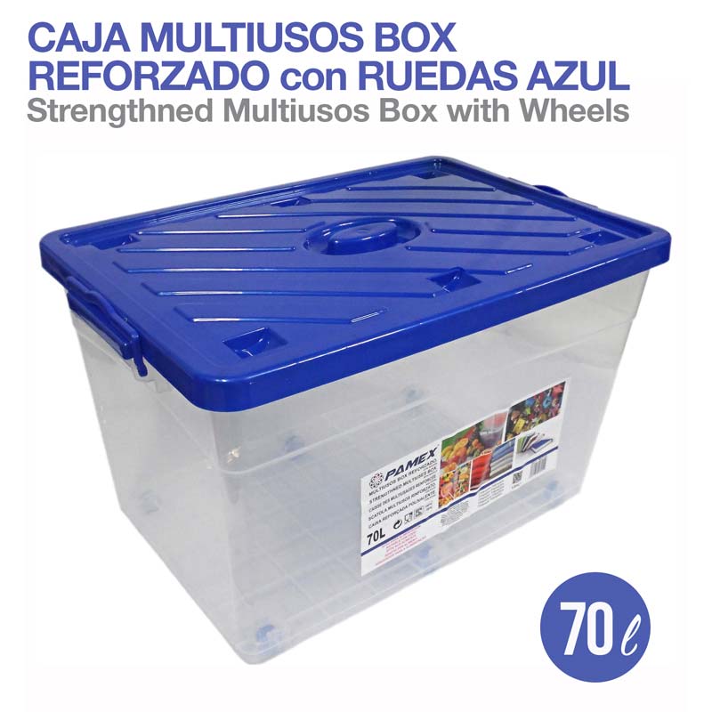 Caixa multiusos reforçada com tampa azul e rodas, 70 litros