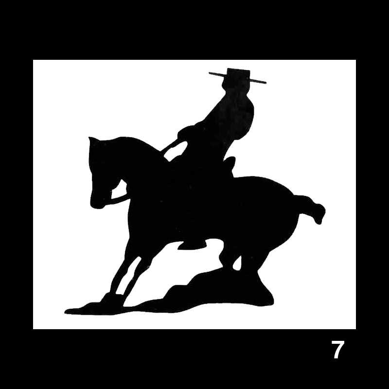 Silhueta preta de cavaleiro a cavalo, número 7 no canto inferior direito