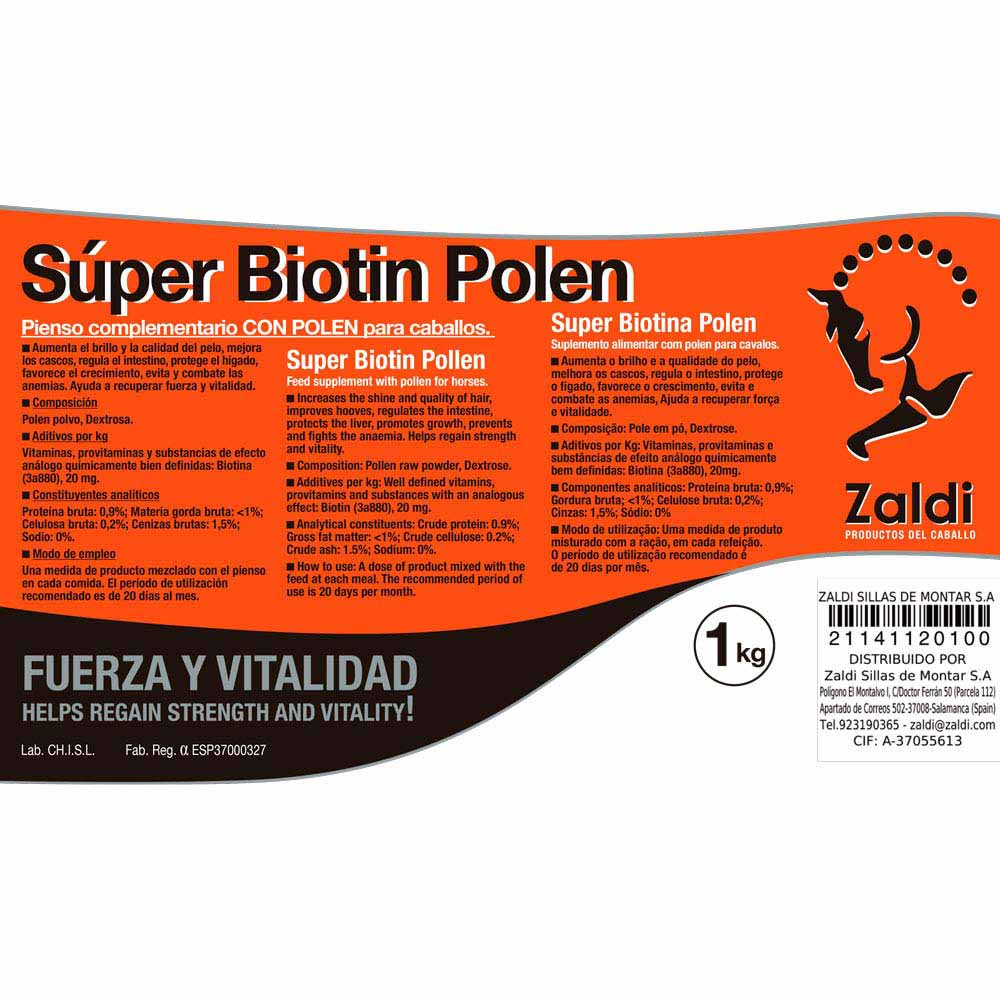 Etiqueta laranja e preta do suplemento alimentar para cavalos Súper Biotin Polen da marca Zaldi com texto em espanhol, inglês e português