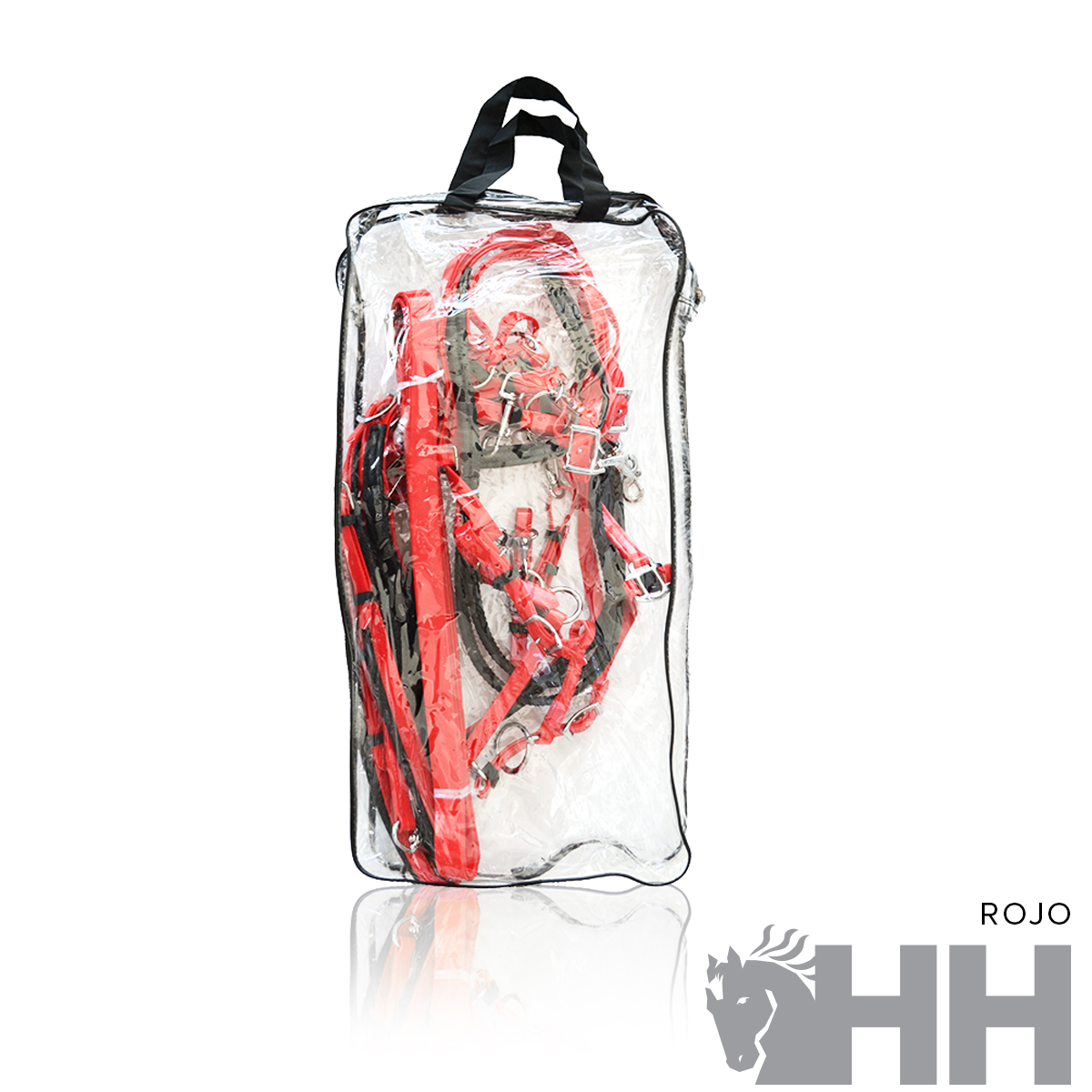Mochila transparente com arnês vermelho e fivelas metálicas