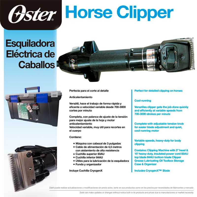 Esquiadora elétrica para cavalos Oster Horse Clipper com acessórios e descrição ao fundo