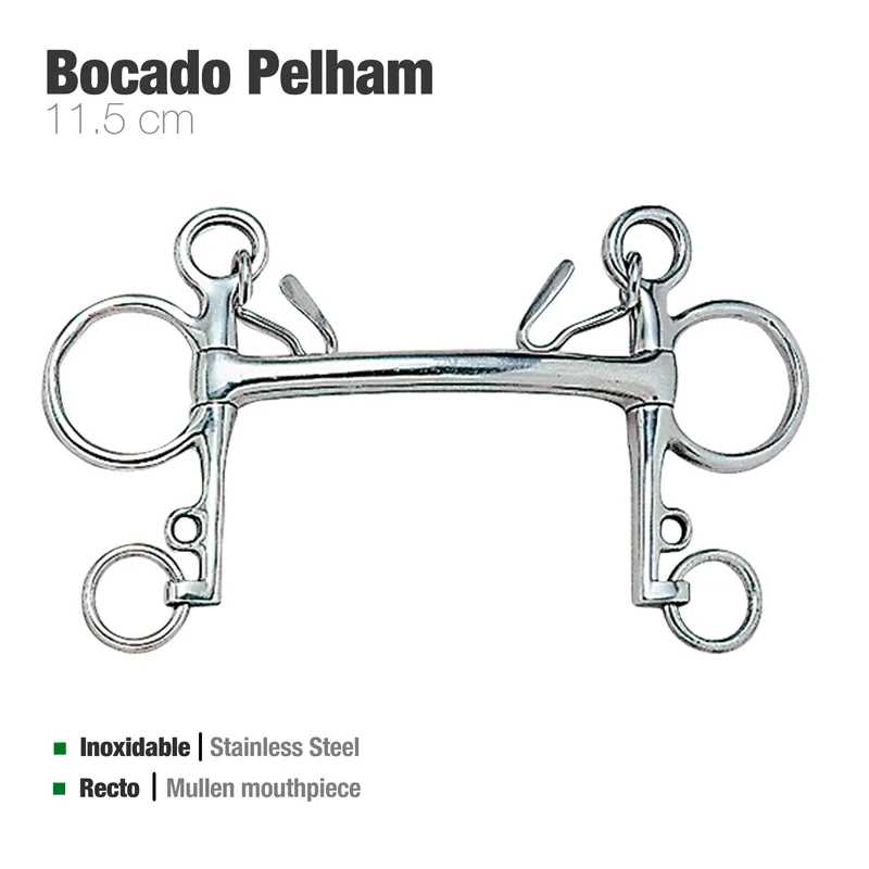 Bocado Pelham de aço inoxidável com 11,5 cm, vista frontal
