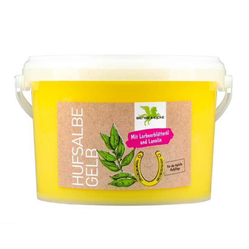 Frasco amarelo de plástico com etiqueta castanha e texto em alemão