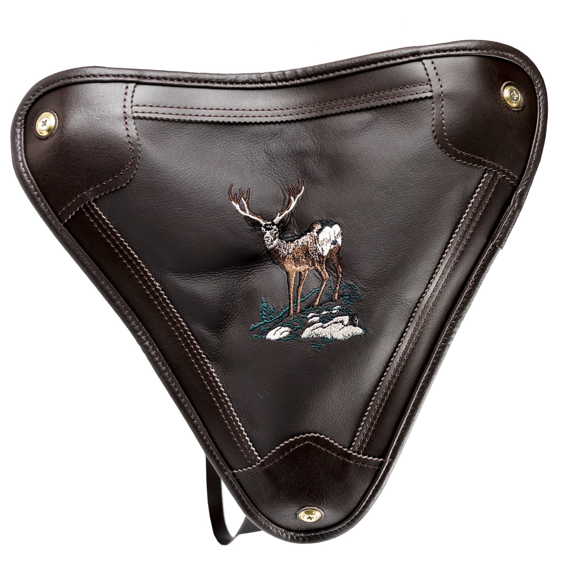 Banco de bicicleta em pele castanha escura com bordado de veado