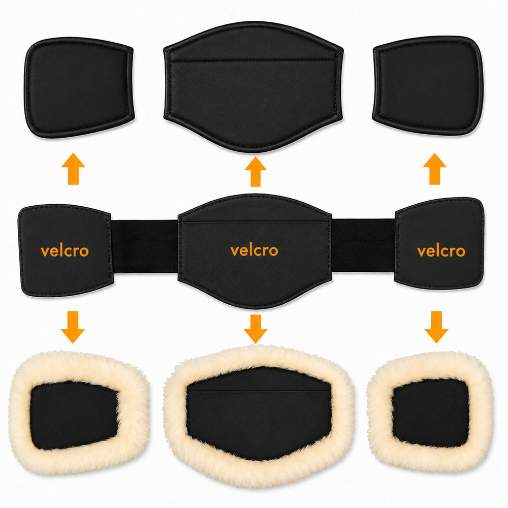 Três almofadas pretas de velcro e três capas de pelúcia branca para as almofadas, dispostas em linha sobre fundo branco.