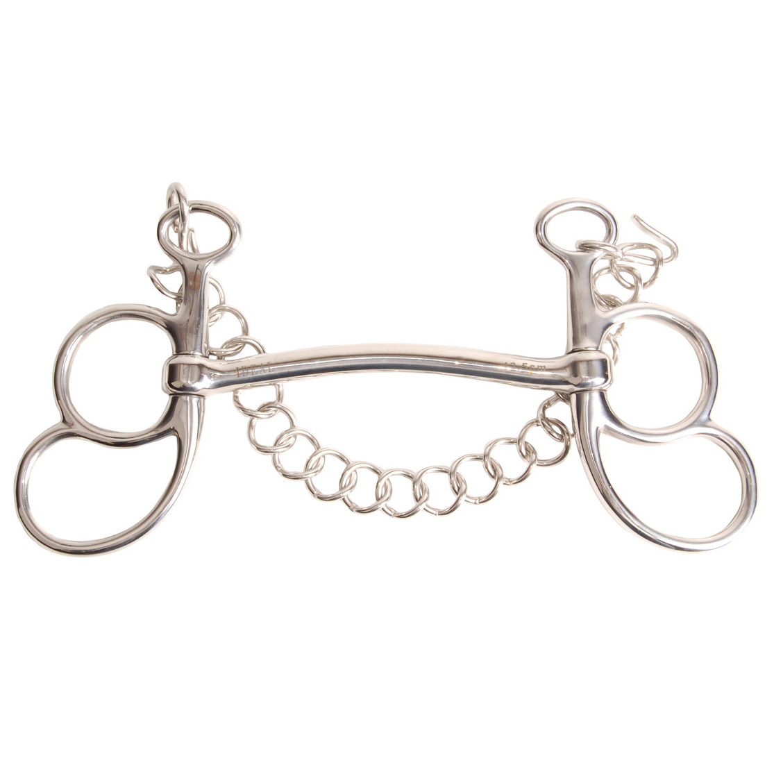 Freio de metal prateado para cavalo com argolas e corrente