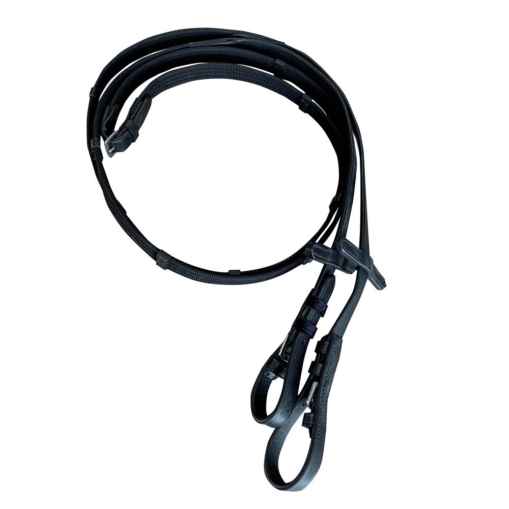Rédea de cavalo preta com alças de mão, em couro e material sintético
