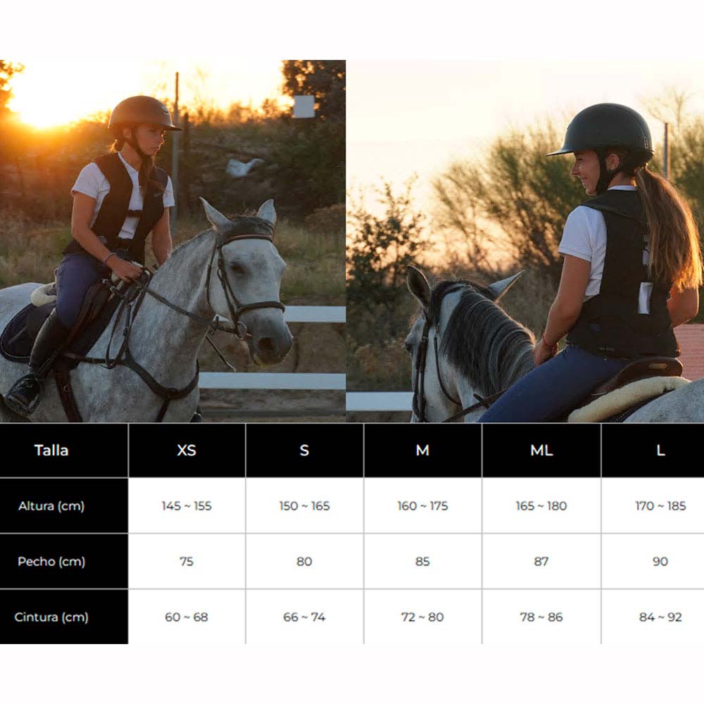 Pessoa jovem a montar cavalo cinzento com capacete e colete preto e tabela de tamanhos em espanhol