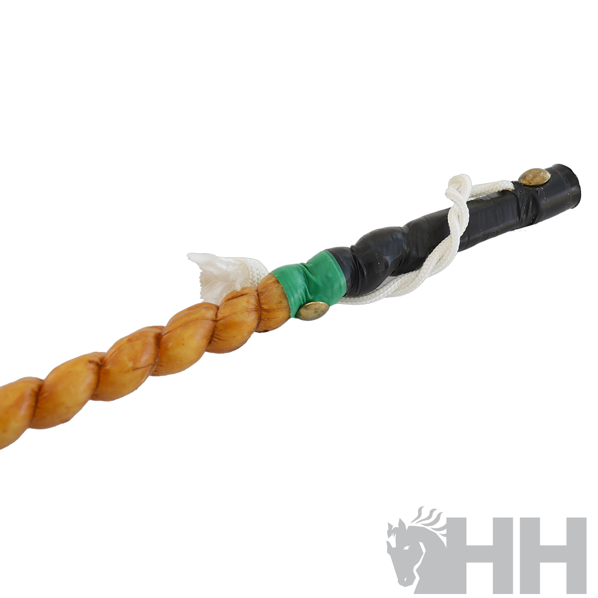 Cabo de madeira torcido com pintura a preto e verde e detalhes em cordel branco