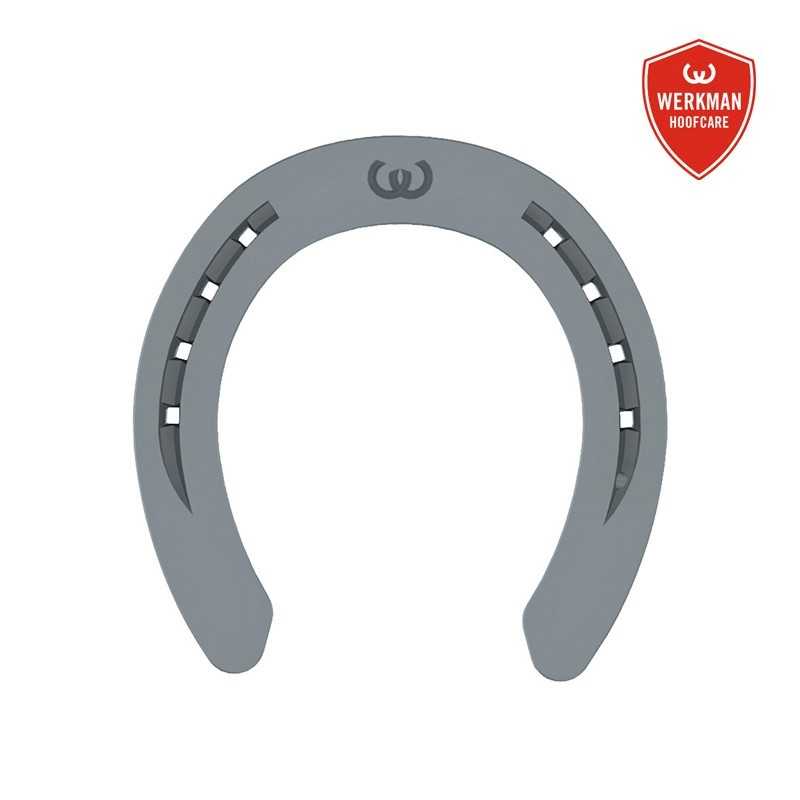Ferradura cinzenta de metal com símbolo W e logótipo WERKMAN HOOFCARE