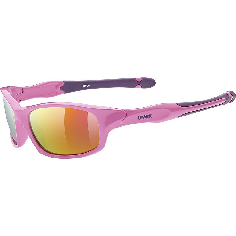 Óculos de sol rosa e roxo com lentes refletoras laranja e amarelo da marca Uvex