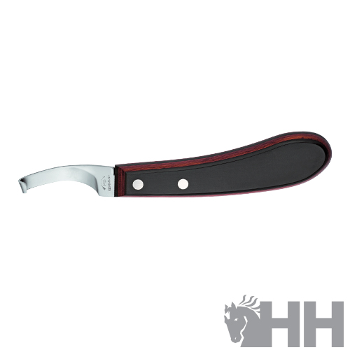 Faca para cascos com lâmina curva e cabo preto com borda vermelha