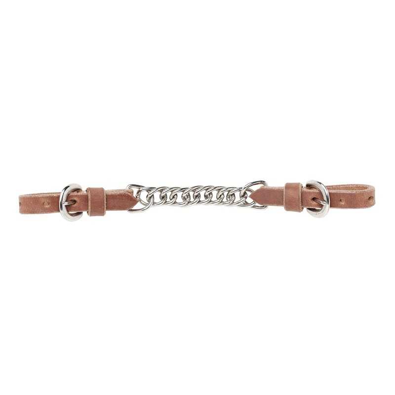 Correia para óculos em couro castanho com corrente metálica prateada