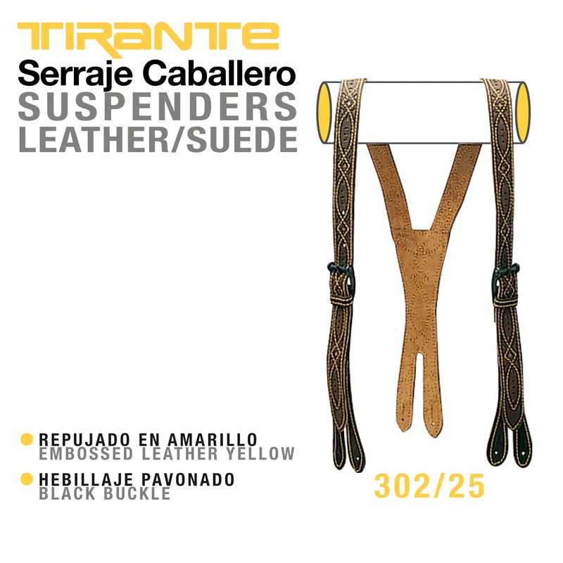 Suspensórios para homem em couro amarelo com fivelas pretas e padrão detalhado