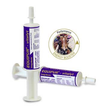 Dois tubos doseadores brancos com etiquetas roxas e selo com cavalo