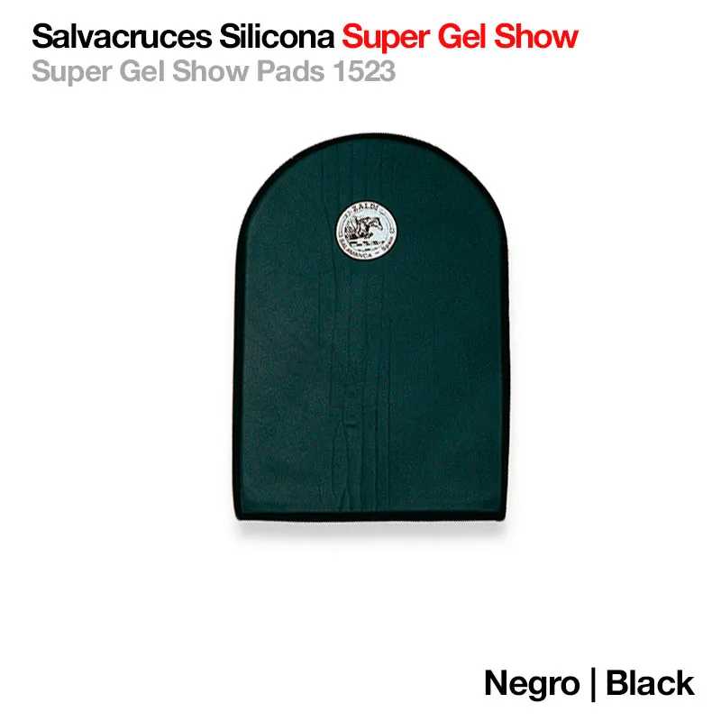Salvacruces de silicone preto Super Gel Show Pads 1523 com etiqueta circular sobre fundo branco.