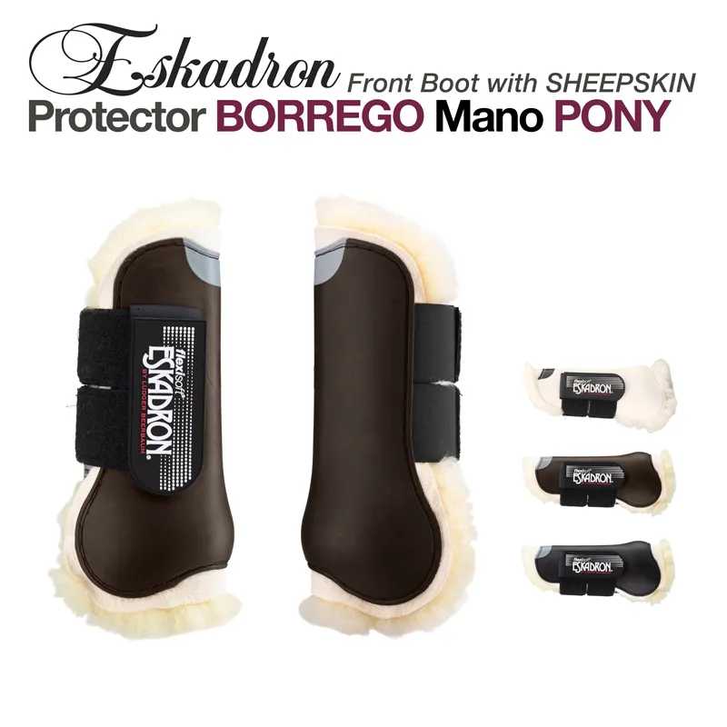 Protector frontal para equitação Eskadron castanho com forro branco de pele de carneiro e velcro preto.