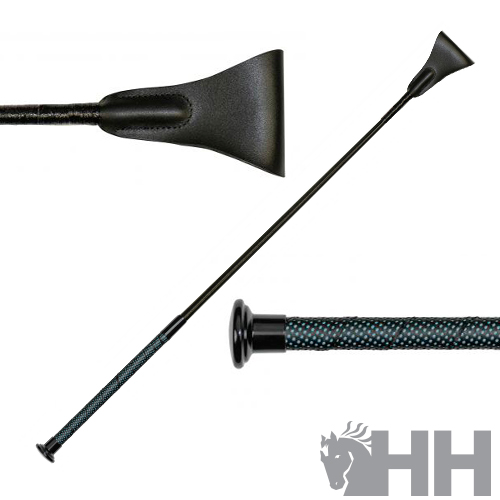 Chicote preto para equitação com cabo texturizado em preto e azul