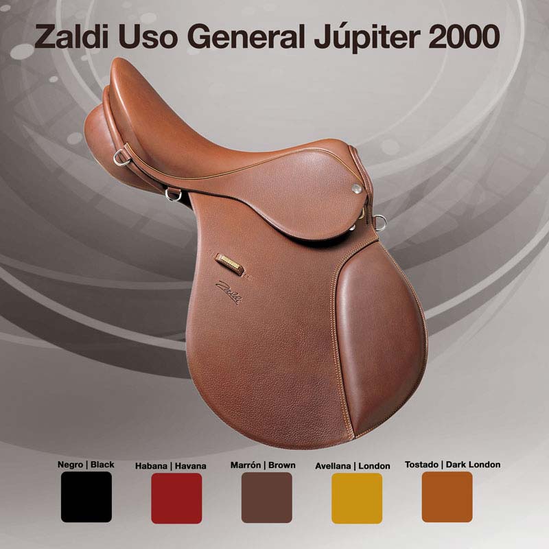 Sela de couro castanho com texto Zaldi Uso General Júpiter 2000 e amostras de cores no fundo