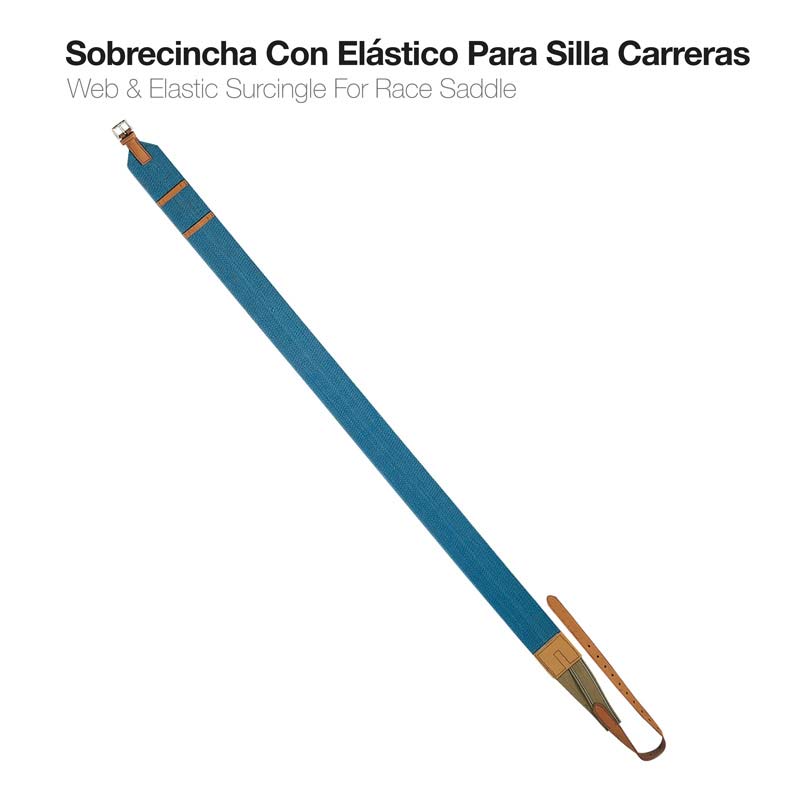 Sobrecincha azul elástica com detalhes em couro castanho para sela de corrida