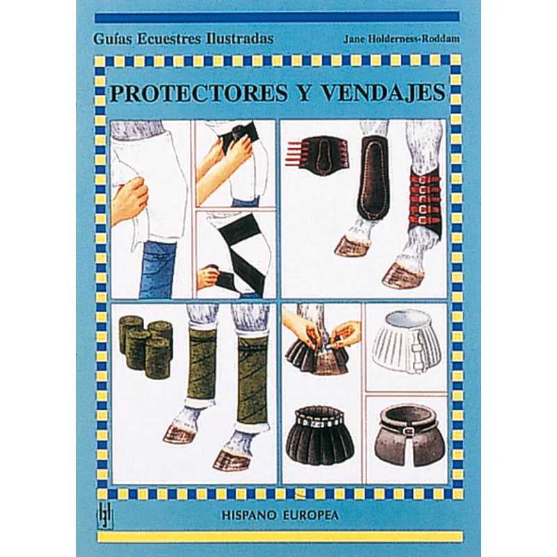 Capa de livro azul com título PROTECTORES Y VENDAJES e imagens de protetores e vendagens para cavalos