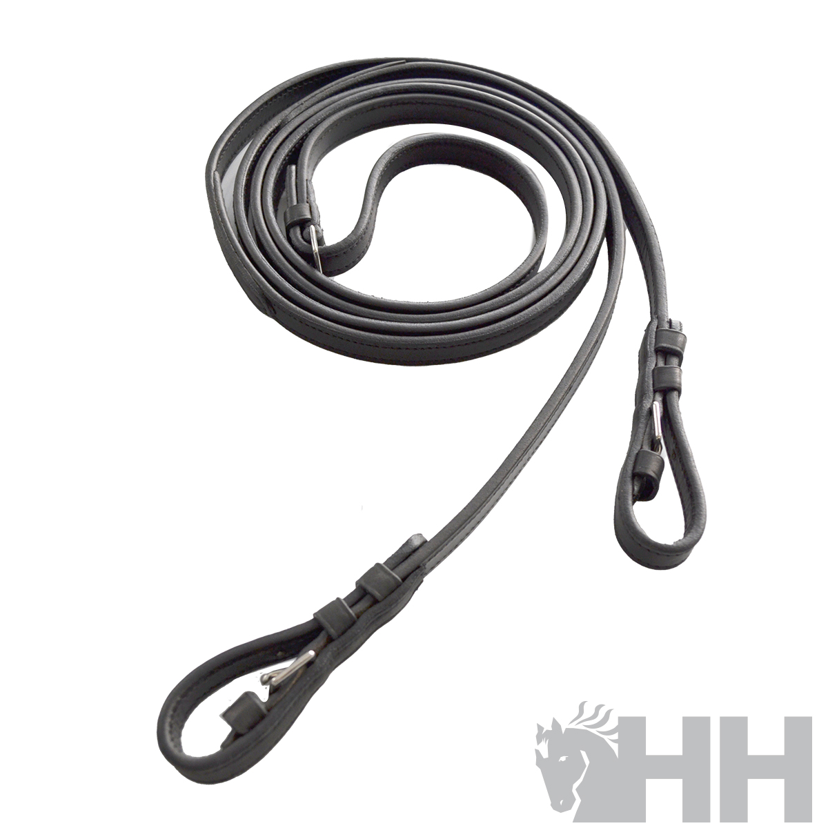 Cabresto preto sintético com fechos metálicos em fundo branco