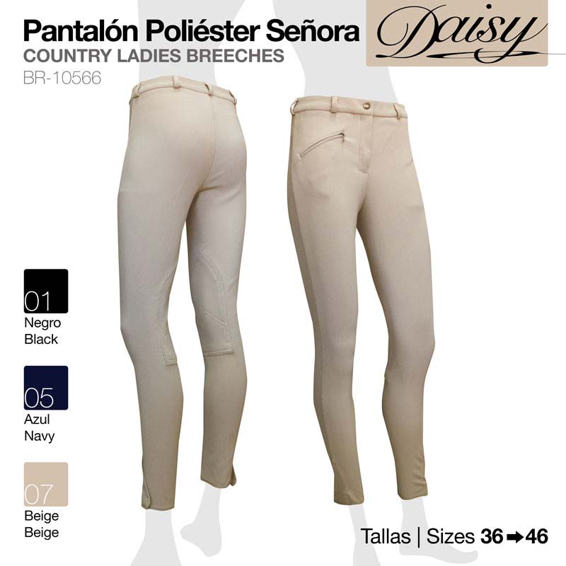 Calças de senhora poliéster Daisy em preto, azul marinho e bege, tamanhos 36 a 46